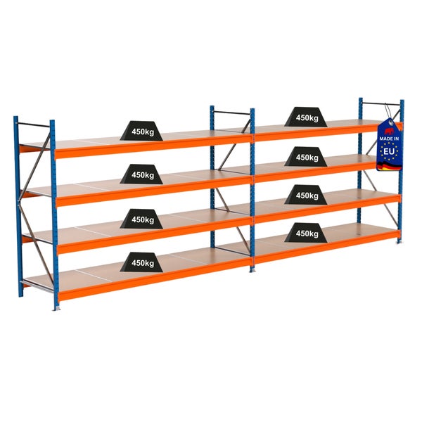Regal mit mehreren Ebenen, auf denen Gewichte von 450 Kilogramm liegen, Hergestellt in der EU Siegel