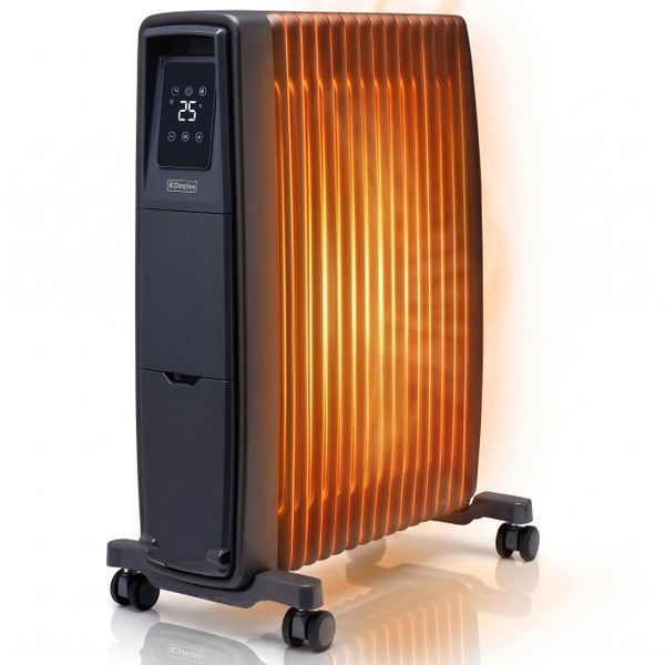 Mobiler Ölradiator von Dimplex mit digitalem Display zur präzisen Temperatursteuerung und Rollen für flexiblen Einsatz im Innenbereich.