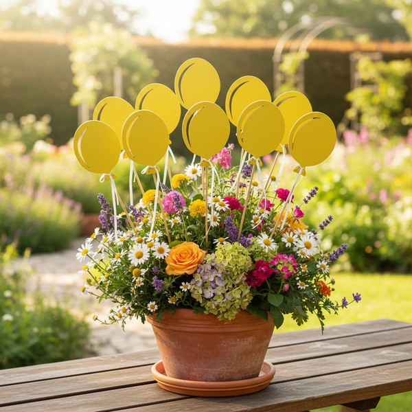 Bunter Blumenstrauß in einem Terrakotta-Topf mit gelben Gartensteckern in Luftballonform auf einem Holztisch in einer hellen Gartenumgebung.