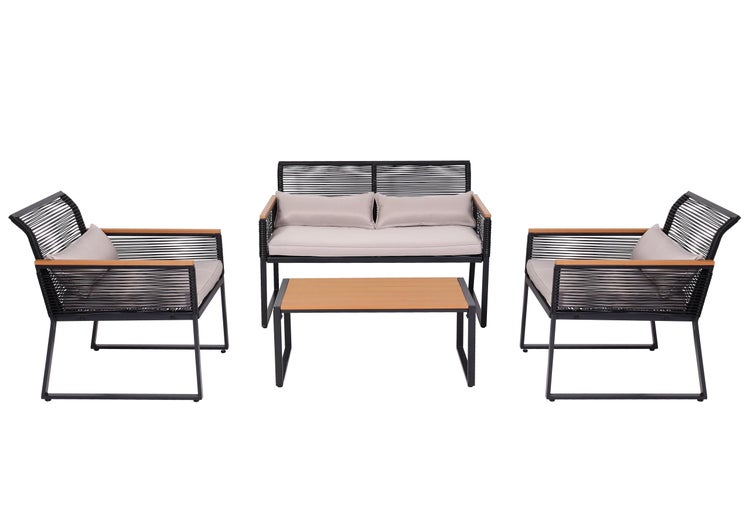 Garten-Lounge-Set aus schwarzem Metall und Seilgeflecht mit Holz-Akzenten, Zweisitzer-Sofa, zwei Sesseln, Couchtisch und grauen Kissen.