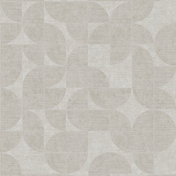Vliestapete mit geometrischem Muster aus Kreisen und Halbkreisen mit feiner Leinenstruktur.