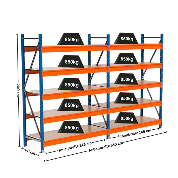 Regal mit blauem Rahmen und orangefarbenen Regalböden mit Gewichtsangaben