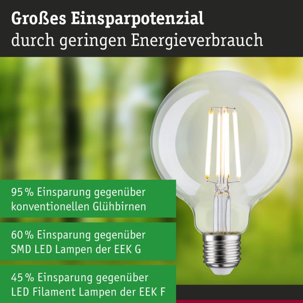 LED Filament Globelampe mit Details zur Energieersparnis von bis zu 95 Prozent im Vergleich zu herkömmlichen Glühbirnen.
