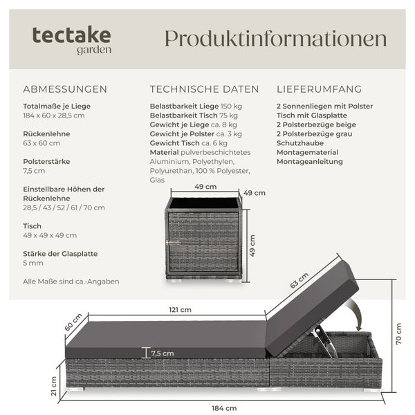 2er Set Rattan Sonnenliegen tectake  wetterfest und UV-beständig mit Aluminiumgestell grau