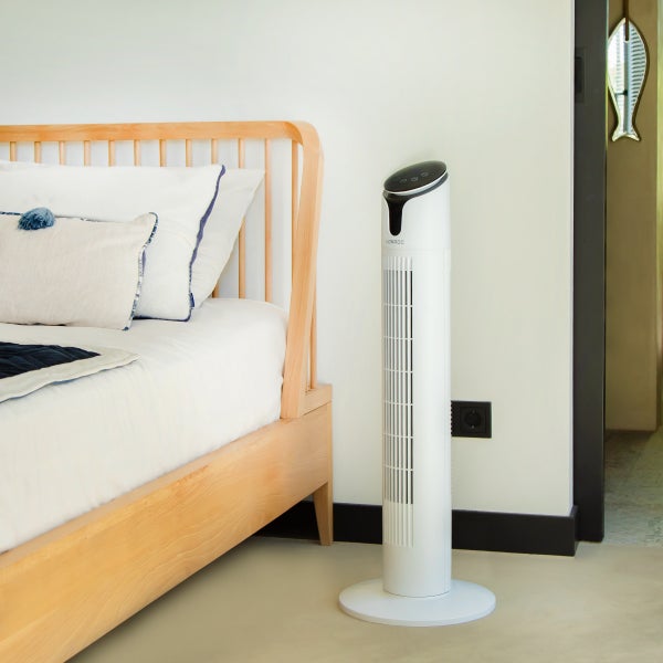 VONROC Hochwertiger Turmventilator – 86 cm – Inklusive Fernbedienung – 3 Geschwindigkeitsstufen – Schwenkfunktion – 15-Stunden-Timer – Weiß