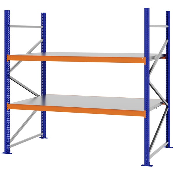 Schwerlastregal aus Metall mit zwei Ebenen, blauen Ständern und orangefarbenen Traversen.