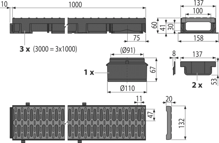Maßzeichnung einer Entwässerungsrinne mit Abmessungen für Länge, Breite und Höhe sowie Anschlussdetails in Millimetern.