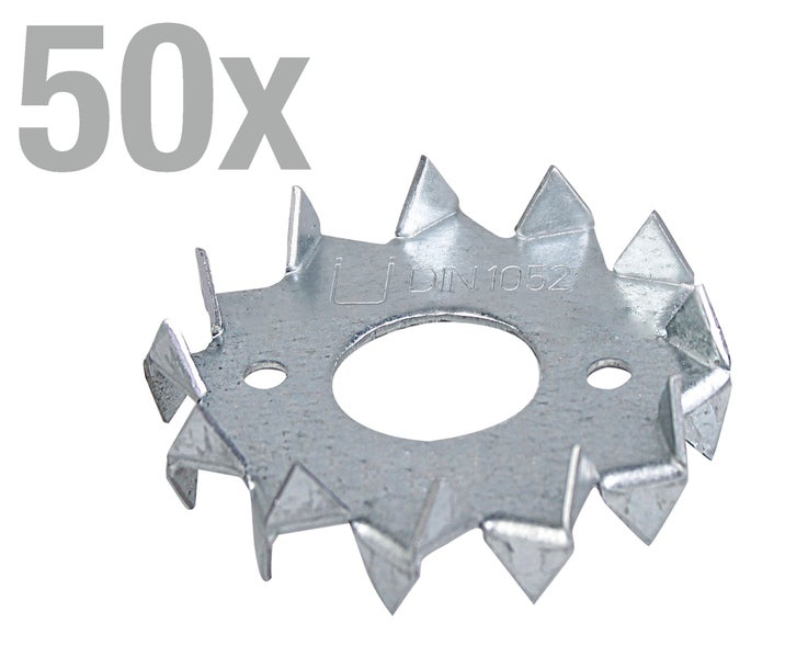 Set mit 50 Stück Krallenscheiben aus Metall gemäß DIN 1052 für Holzverbindungen.