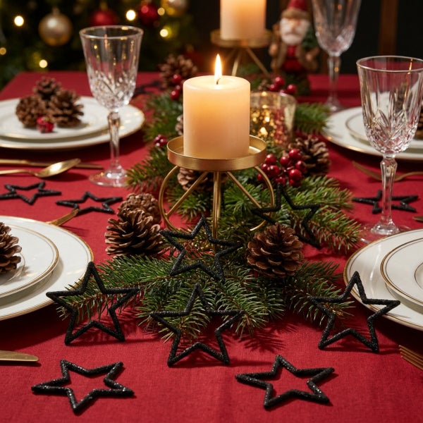 Festlich gedeckter Weihnachtstisch mit Kerzenhalter, Tannenzweigen, Tannenzapfen und Sternendekoration für eine weihnachtliche Tischdekoration.