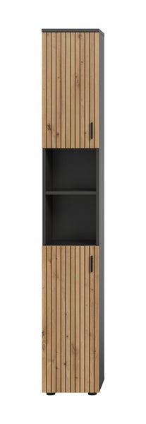 Badezimmer-Hochschrank mit zwei Türen in Eiche-Lamellen-Optik und zwei offenen Fächern in Anthrazit.