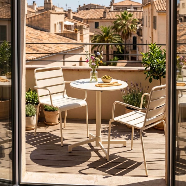 Bistroset mit einem runden Tisch und zwei Metallstühlen auf einem Balkon mit Holzdiele und verschiedenen Topfpflanzen.