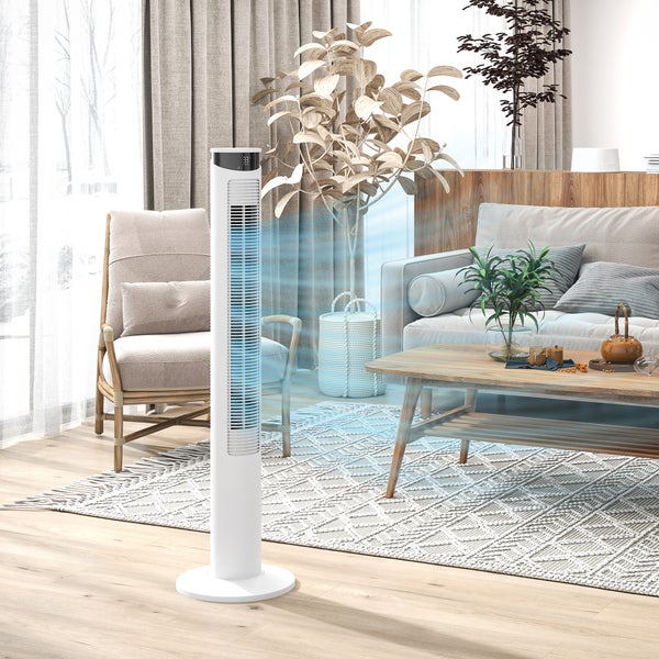 HOMCOM Turmventilator, Standventilator mit 3 Belüftungsstufen, Fernbedienung, 45W Ventilator mit 12H Timer, 70° Oszillation, für Schlafzimmer, Weiß
