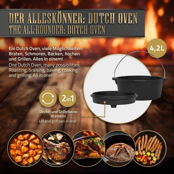 BBQ#BOSS Dutch Oven Set BBQ 4,2 Liter, Eingebrannter Feuertopf aus Gusseisen, Kochtopf mit Deckelheber und Edelstahluntersetzer, Schmortopf mit Schlitz für Themormeter, Grilltopf für Outdoor & Indoor