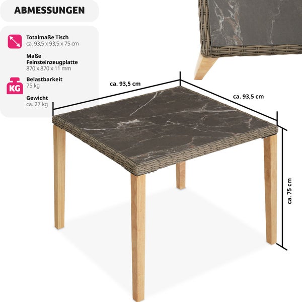 Rattan Tisch tectake Tarent 93,5 x 93,5 x 75 cm mit Aluminium- und Holzgestell natur