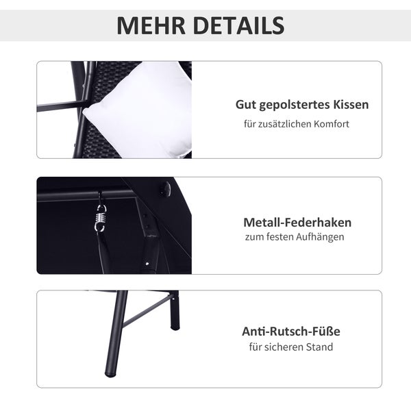 Outsunny 3-Sitzer Hollywoodschaukel, mit Kissen, belastbar bis 360kg, 198B x 124T x 179H cm, Polyrattan, Metall, Schwarz