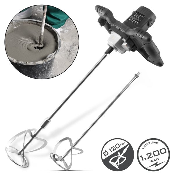 Farbenmischer mit zwei Rührkörben, einem Durchmesser von 120 Millimeter und einer Leistung von 1200 Watt, im Einsatz zum Mischen von Farbe