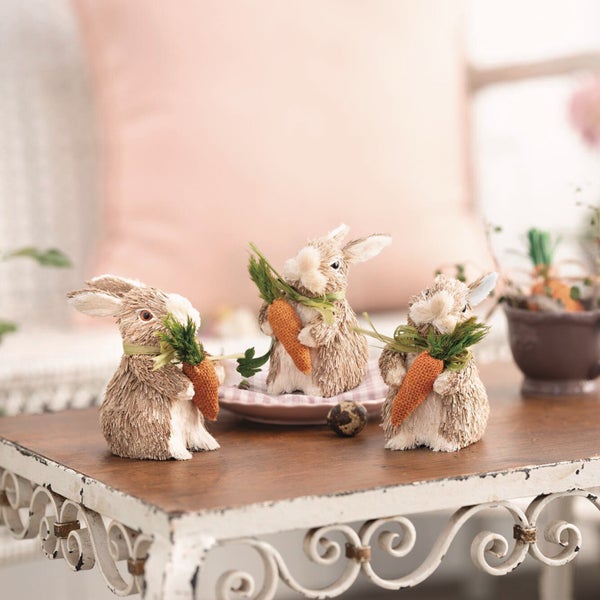 FRANK FLECHTWAREN|Figur Häschen mit Karotte, 3er Set, Höhe 11 cm, KUNSTSTOFF, STROH, TEXTIL