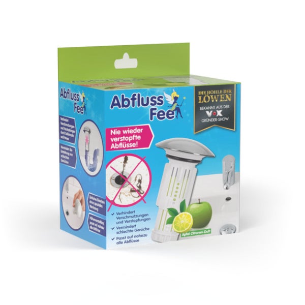 Abfluss Fee Verpackung für einen Abflussstopfen gegen Verstopfungen mit Apfel-Zitronen-Duft und Die Höhle der Löwen Logo.