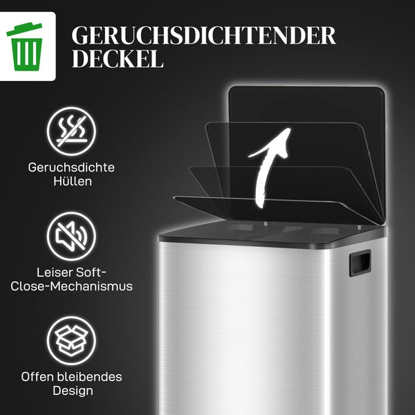 Mülleimer aus Edelstahl mit geruchsdichtem Deckel, leisem Soft-Close-Mechanismus und einer Funktion, die den Deckel offen hält.