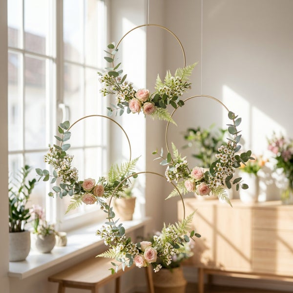 Drei hängende Dekoringe aus Metall, geschmückt mit künstlichen Rosen, Eukalyptus und Farnen in einem hellen, wohnlichen Raum.