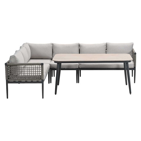 Garten-Lounge-Set bestehend aus einem L-förmigen Ecksofa mit Seilgeflecht und Polstern sowie einem rechteckigen Tisch in Holzoptik.