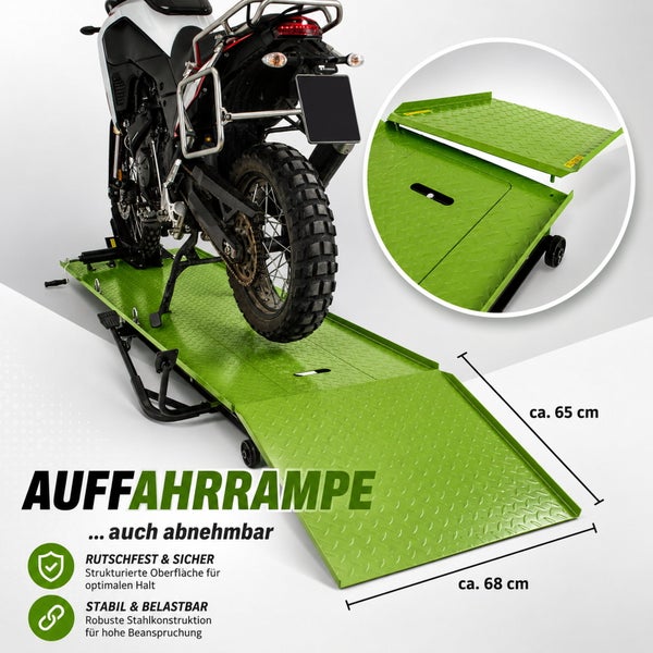 Motorrad-Auffahrrampe aus Stahl mit strukturierter Oberfläche, abnehmbarem Teil und den Maßen circa 65 Zentimeter mal 68 Zentimeter.