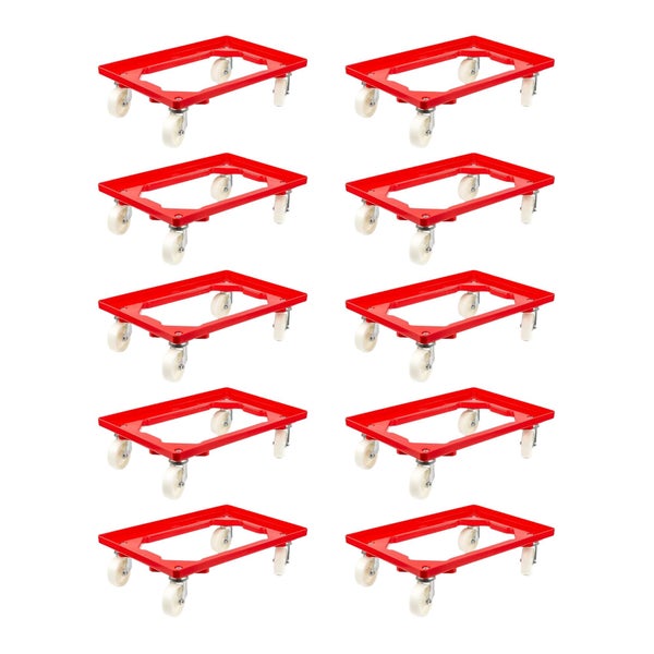 PROREGAL SparSet 10x Transportroller für Euroboxen 60 x 40 cm mit Kunststoffräder Rot Offenes Deck 2 Lenkrollen und 2 Bremsrollen Traglast 300 kg