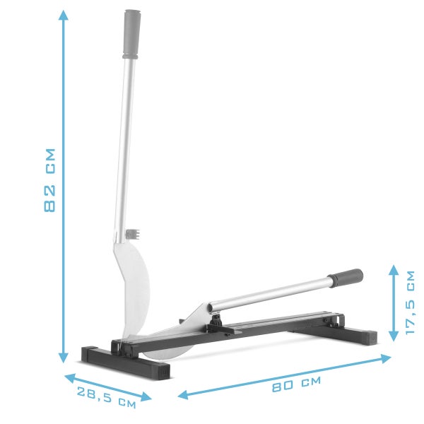 Laminatschneider aus Metall mit Maßangaben in Zentimetern: Höhe 82, Länge 80, Breite 28,5 und 17,5.