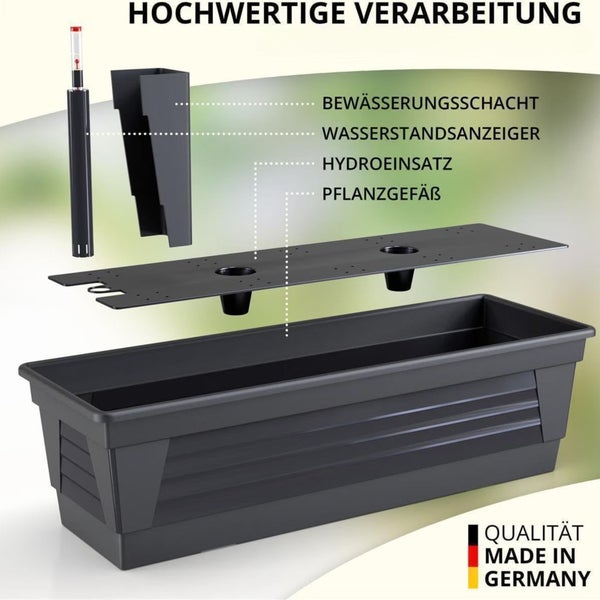Explosionszeichnung eines rechteckigen Pflanzgefäßes mit Bewässerungssystem, Wasserstandsanzeiger und Hydroeinsatz, Made in Germany.
