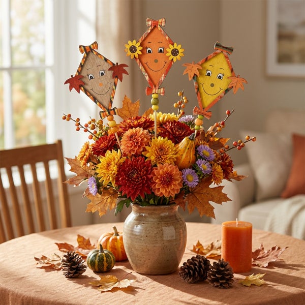 Herbstliche Tischdekoration mit Blumenstrauß in einer Keramikvase und drei dekorativen Holzdrachen als Aufstecker auf dem Tisch.