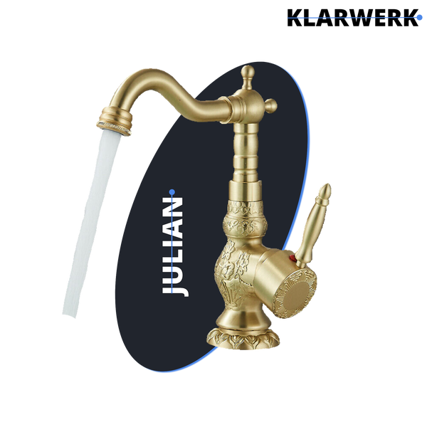 Einhebel Waschtischarmatur im antiken Stil mit florale Verzierungen und laufendem Wasserstrahl