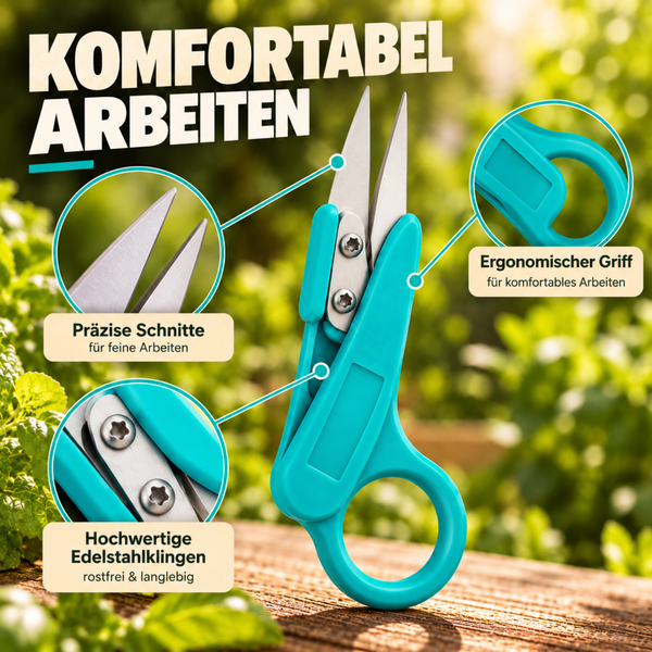 Gartenschere mit Edelstahlklingen, ergonomischem Griff und Detailansichten der Schneidetechnik für präzises Arbeiten.