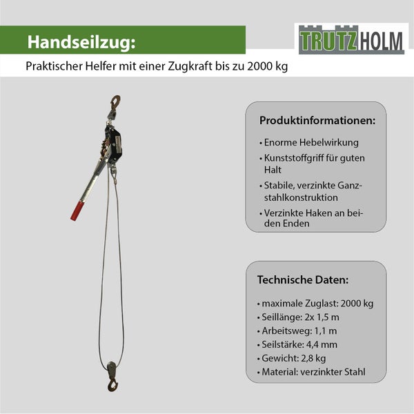 Trutzholm Handseilzug mit 2000 kg Zugkraft, verzinkte Ganzstahlkonstruktion mit Kunststoffgriff und Seil, inklusive technischer Daten.