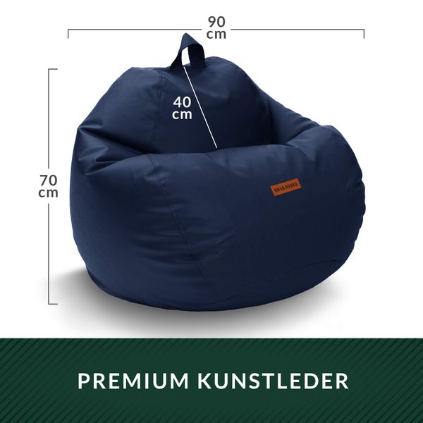 Green Bean Sitzsack aus Kunstleder mit EPS Perlen Füllung - 90 x 70 cm - Bean Bag Sitzkissen Sitzpuff Sitzsessel Bodenkissen Lounge - Dunkelblau
