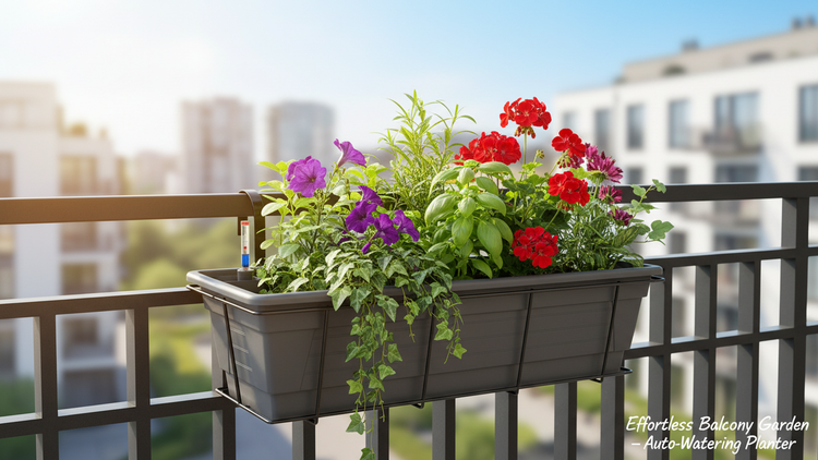 Balkonkasten mit Bewässerungssystem an einem Geländer, bepflanzt mit bunten Blumen wie Petunien und Geranien sowie Kräutern.