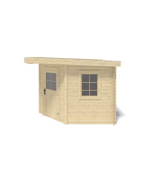 Gartenhaus aus Holz mit Pultdach, einer Tür mit Fenster und einem Fenster mit Sprossen.