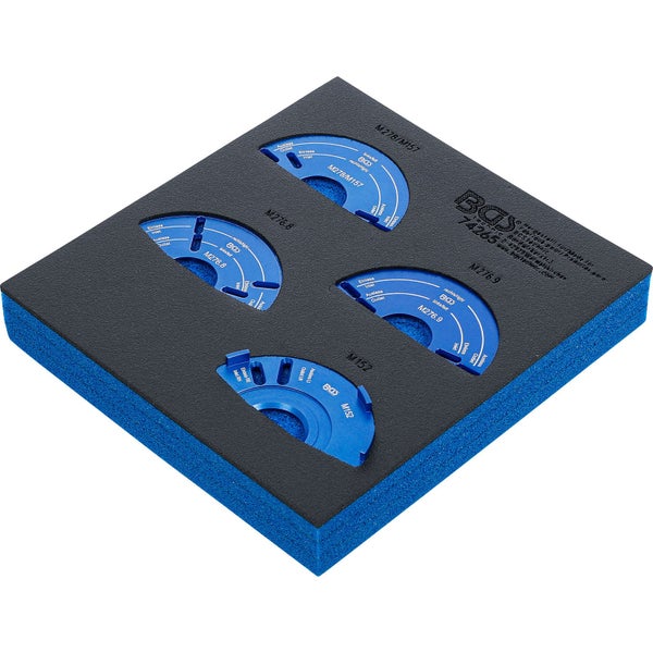 BGS Technic Motor-Einstellwerkzeug-Satz mit vier blauen Schablonen in Schaumstoffeinlage für Mercedes-Benz Motoren M278, M157, M276 und M152.