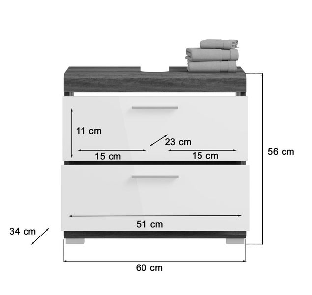 Waschbeckenunterschrank mit zwei Schubladen und Maßangaben: Breite 60 Zentimeter, Höhe 56 Zentimeter, Tiefe 34 Zentimeter.
