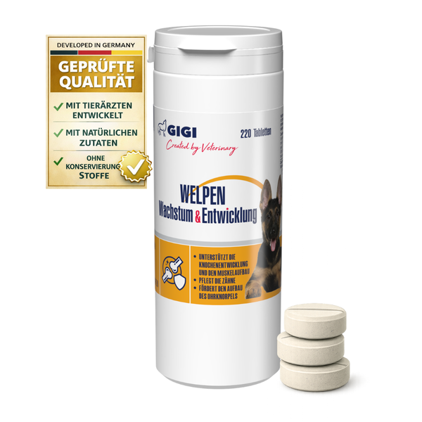 GIGI Nahrungsergänzungsmittel für Welpen, Wachstum und Entwicklung, 220 Tabletten mit drei Tabletten neben der Dose.