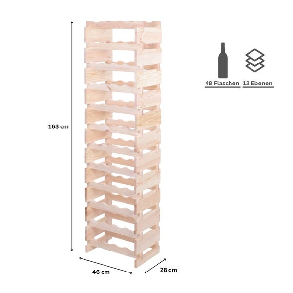 Weinregal VINOTECA FLEX PRO HxBxT 163x46x28cm 48 Flaschen auf 12 Ebenen Massives Kiefernholz Natur unbehandelt