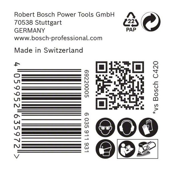 Informationen zu Robert Bosch Power Tools, Papierverpackungssymbol, QR-Code und Schutzsymbole.