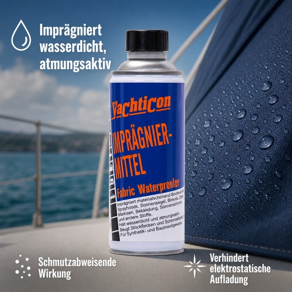 Yachticon Impragniermittel zur wasserdichten und atmungsaktiven Textilimpragnierung fur Bootspersenning und Outdoorstoffe.