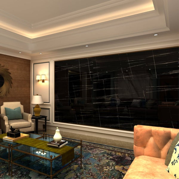 Wohnzimmer mit Sitzmöbeln, Couchtisch und Wandpaneelen