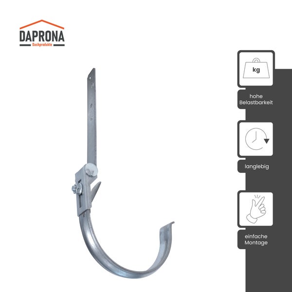 Daprona Logo. Daprona Rinneneisen aus verzinktem Stahl mit Gelenk. Eigenschaften: hohe Belastbarkeit, langlebig und einfache Montage.