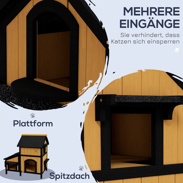 Katzenhaus mit mehreren Eingängen, Plattform und Spitzdach