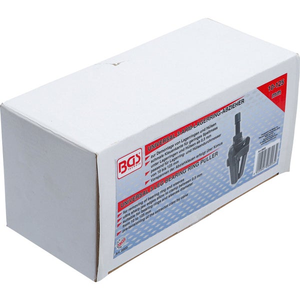 Verpackung eines BGS Technic Universal Dreiarm Lagerring Abziehers, geeignet für Lagerring und Hülsendurchmesser von 10 bis 125 Millimeter
