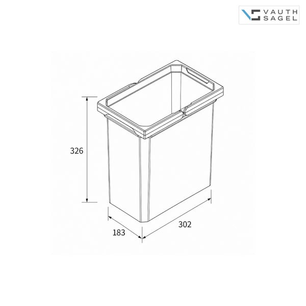 Vauth-Sagel Logo und technische Zeichnung eines Abfalleimers mit den Maßen 326 Millimeter Höhe, 302 Millimeter Breite und 183 Millimeter Tiefe.