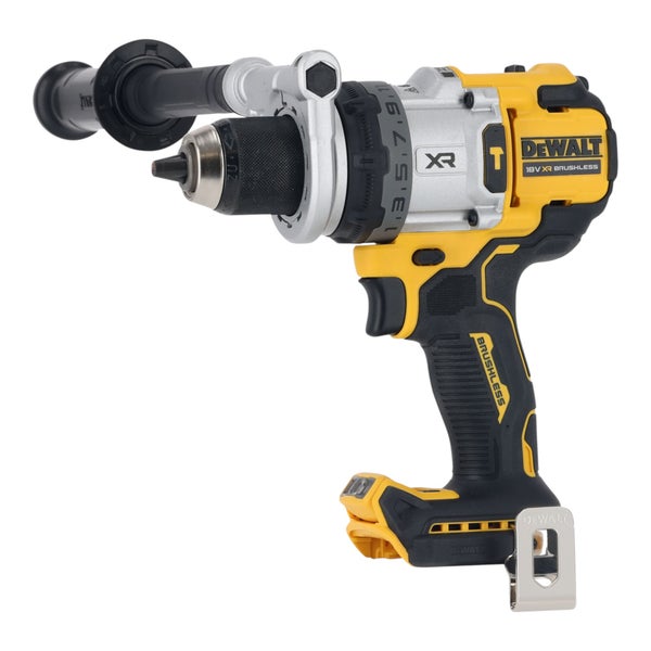 DeWalt 18 Volt XR bürstenloser Akku-Schlagbohrschrauber in Gelb und Schwarz mit Zusatzhandgriff und Gürtelclip.