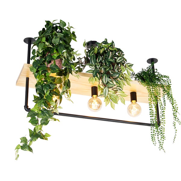 Hängelampe mit Holzregal, Metallrahmen und künstlichen Pflanzen