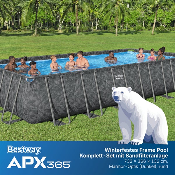 Bestway APX365 winterfestes Frame Pool Komplett-Set in dunkler Marmor-Optik, 732 mal 366 mal 132 Zentimeter, mit Sandfilteranlage im Garten.
